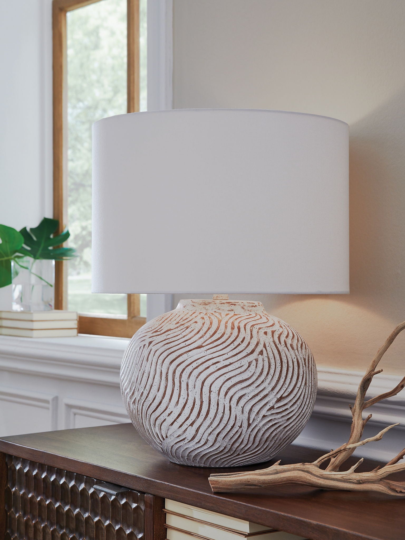 Vien - Lampe de table en terre cuite - Blanc vieilli