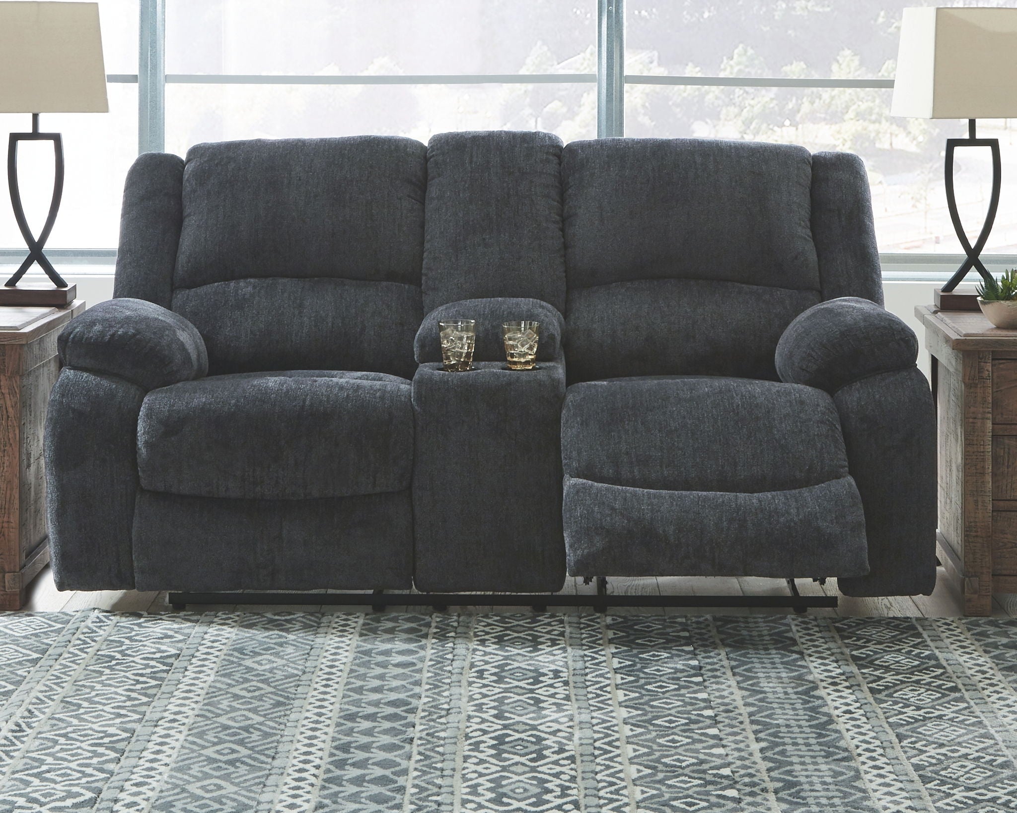 Draycoll - Causeuse inclinable double avec console - Tissu - Ardoise