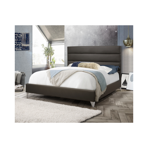 Grey Fabric/PU Leather Bed with Horizontal Deep Tufted Panels and Chrome Legs