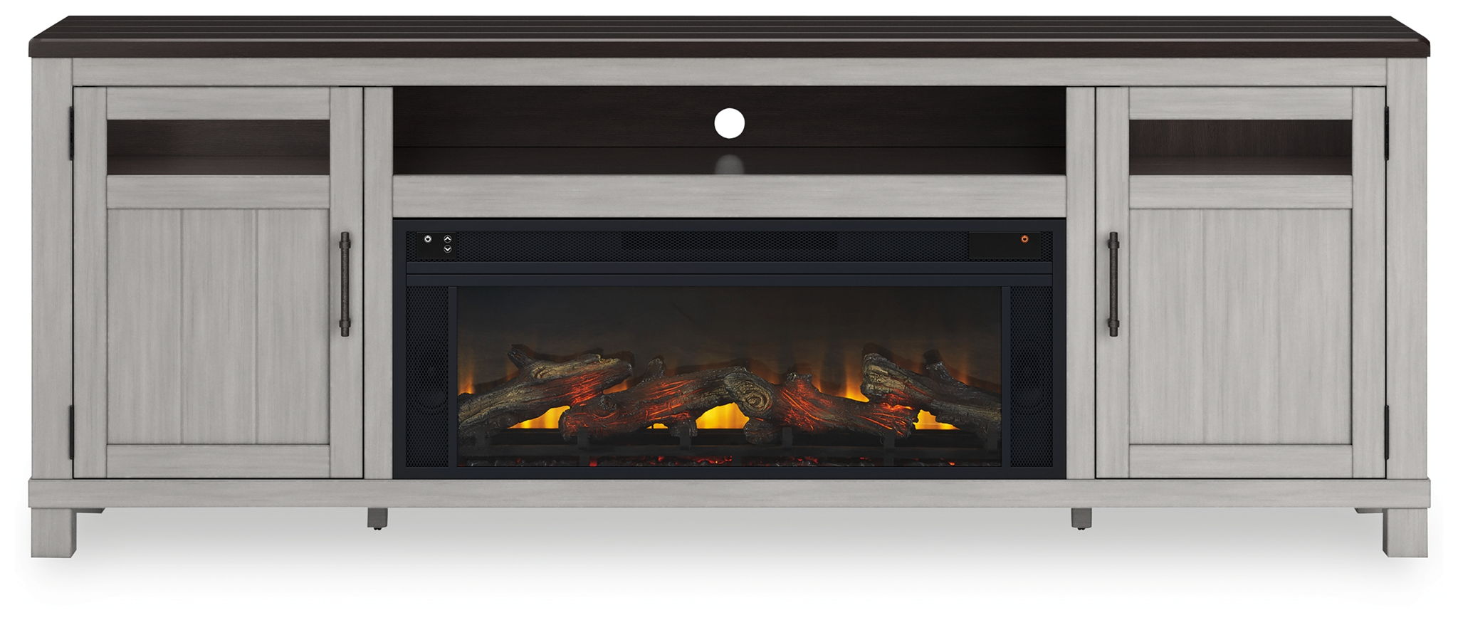 Meuble TV Darborn de 88 po avec foyer électrique à infrarouge – Gris / Brun