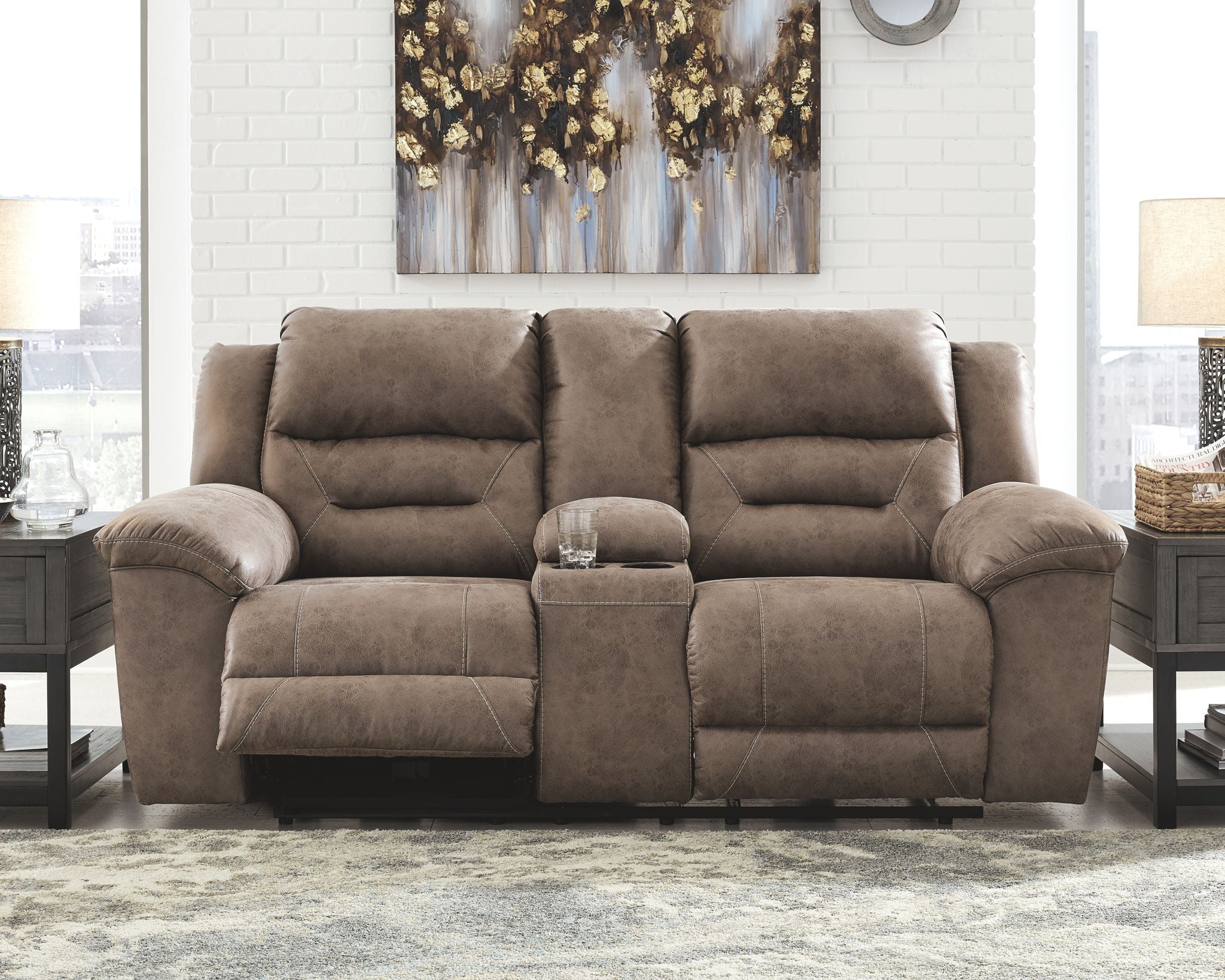 Stoneland - Dbl Reclining Loveseat W/Console - Faux Leather - Fossil