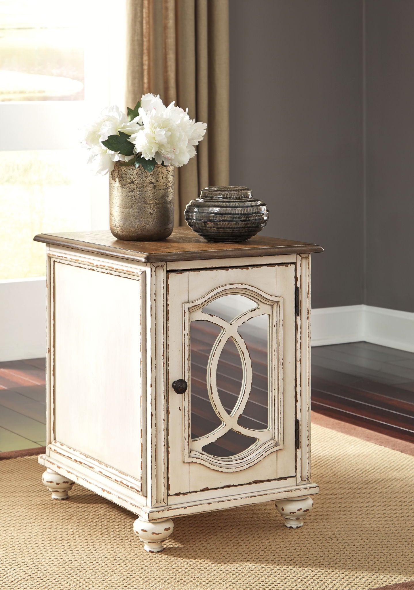 Realyn - Table d'appoint / de chevet - Miroir encastrable - Blanc / Marron