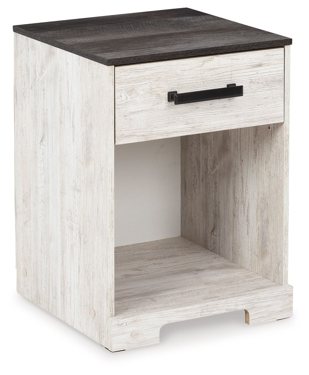 Shawburn - Table de chevet à un tiroir - Casier ouvert - Blanc / Noir / Gris