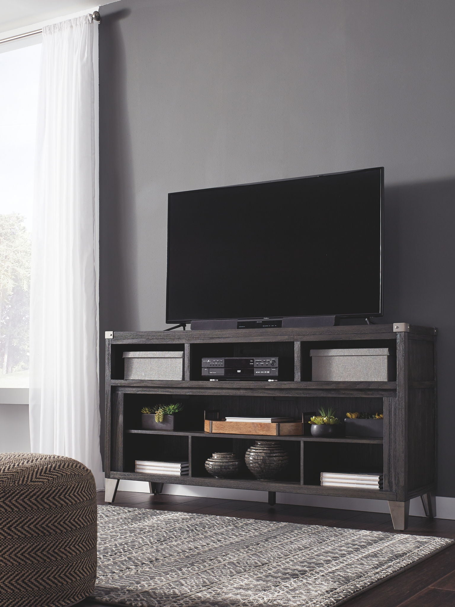 Todoe - Meuble TV de 65 po avec foyer large intégré - 2 pièces - Gris