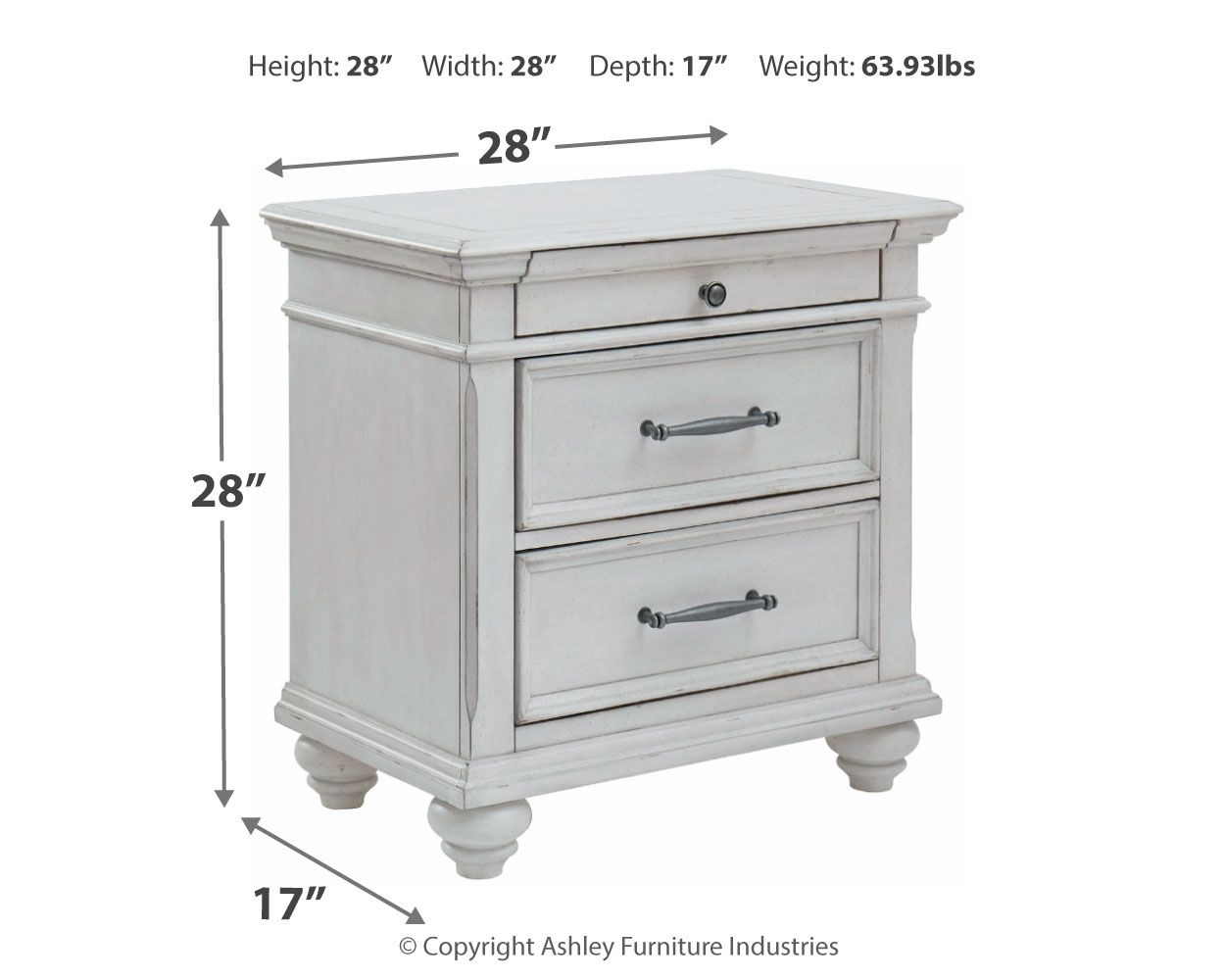 Kanwyn - Table de chevet à trois tiroirs - Blanc délavé