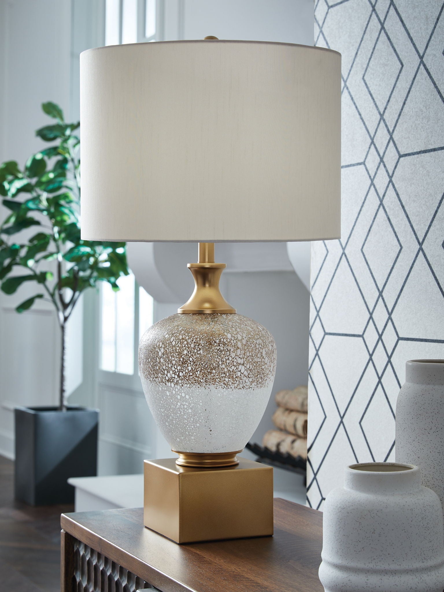 Tavisburg - Lampe de table en verre - Marron / Blanc / Or