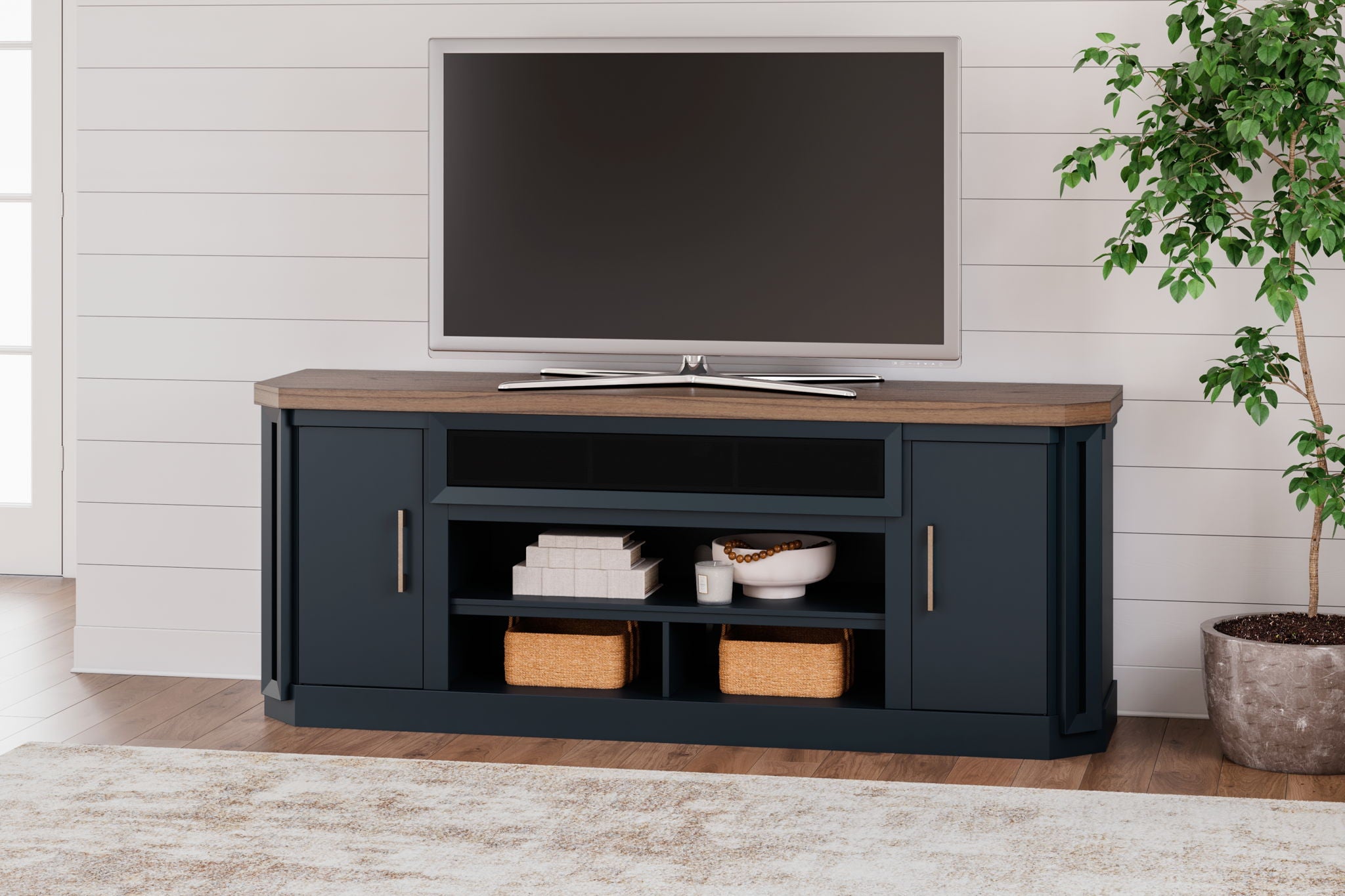 Landocken - Meuble TV XL avec option foyer - Brun / Bleu