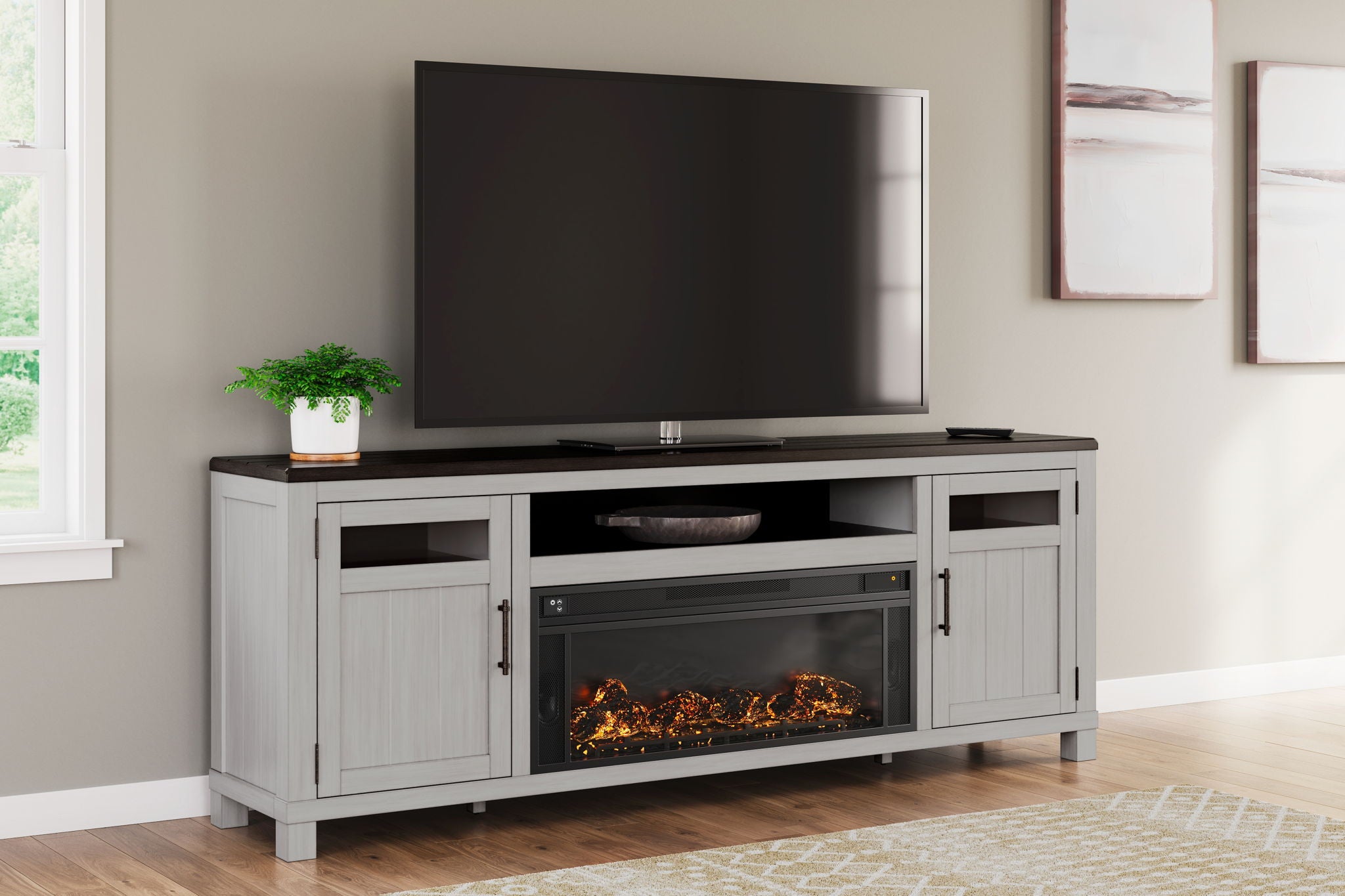 Meuble TV Darborn de 88 po avec foyer électrique à infrarouge – Gris / Brun