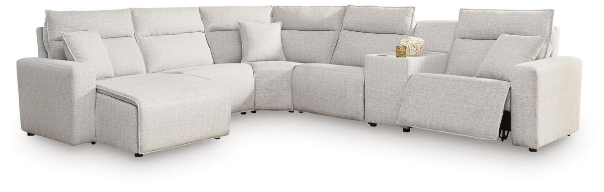 Modmax II - 6-Piece Power Reclining Sectional With LAF Press Back Power Chaise And Console - Stone - Next-Gen Nuvella