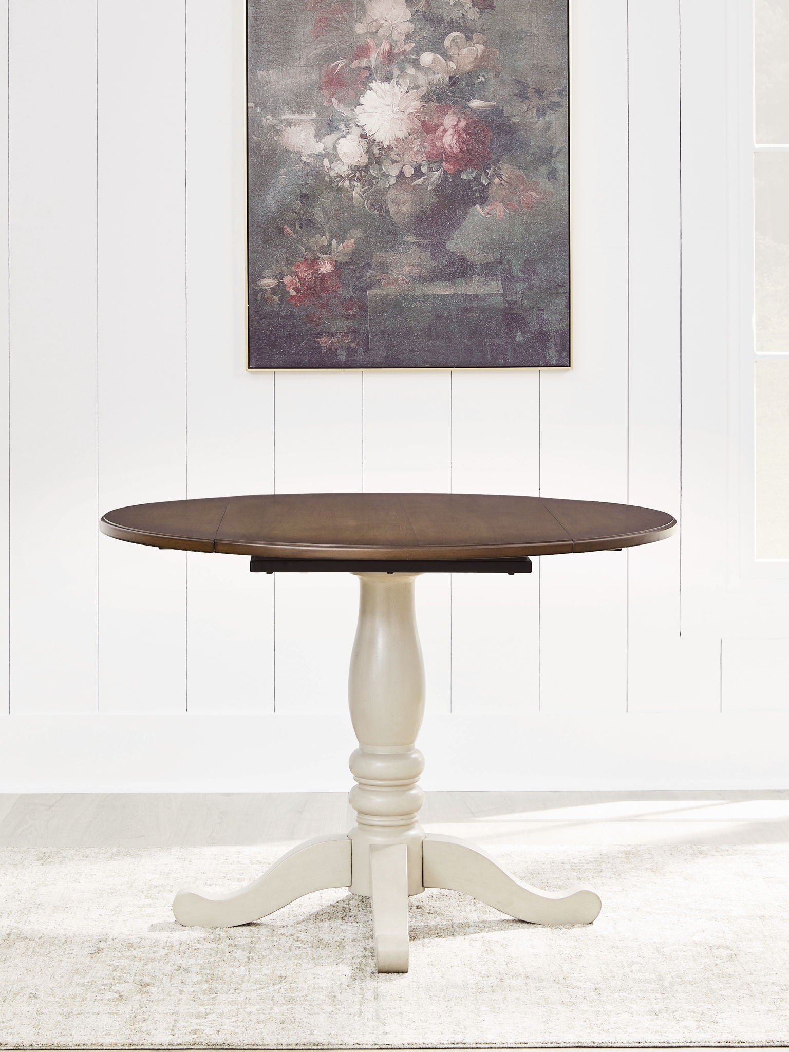 Wirloni - Table de salle à manger ronde à rabats - Blanc Antique / Marron