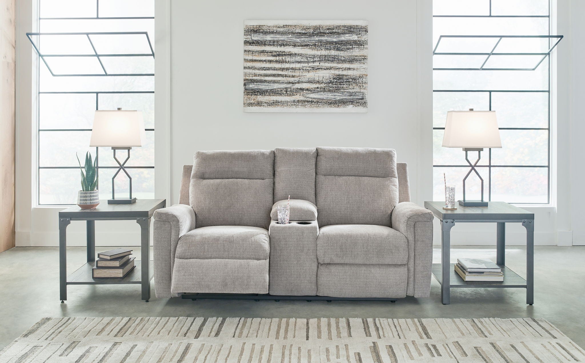 Barnsana - Causeuse inclinable électrique double avec console - Tissu - Cendré