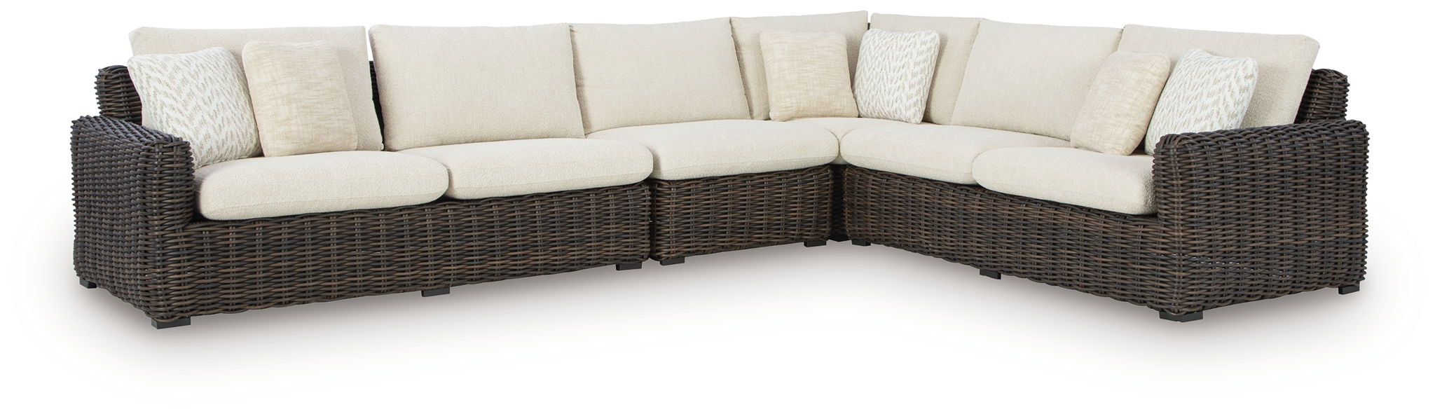 Kimora - 7 pièces - Canapé d'angle d'extérieur 4 pièces, fauteuil pivotant et inclinable, table basse, table d'appoint - Beige / Marron foncé