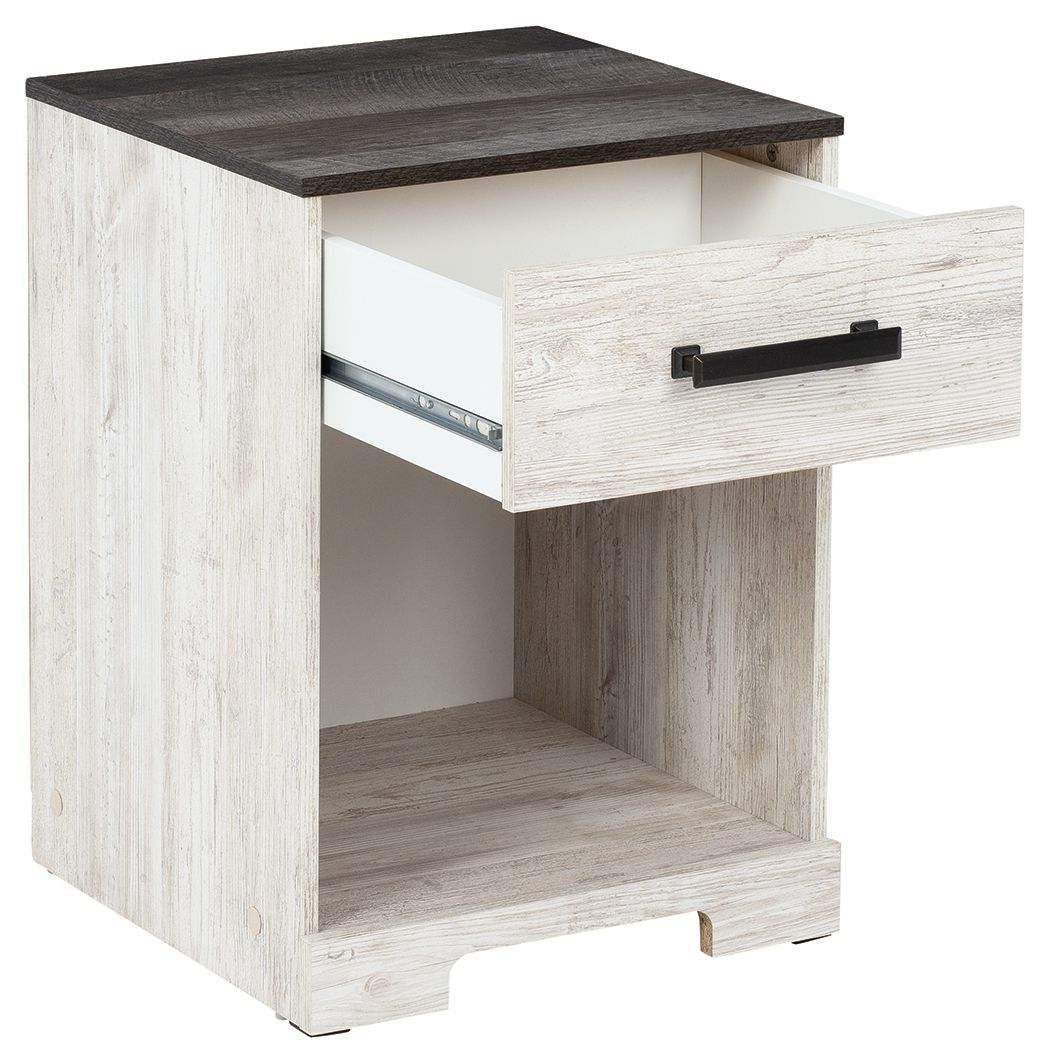 Shawburn - Table de chevet à un tiroir - Casier ouvert - Blanc / Noir / Gris