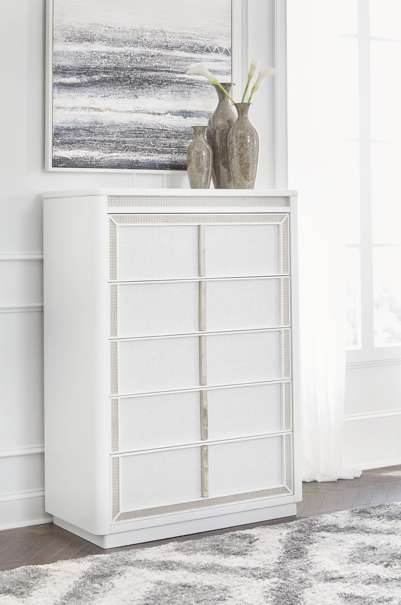 Commode cinq tiroirs Chalanna - Blanc