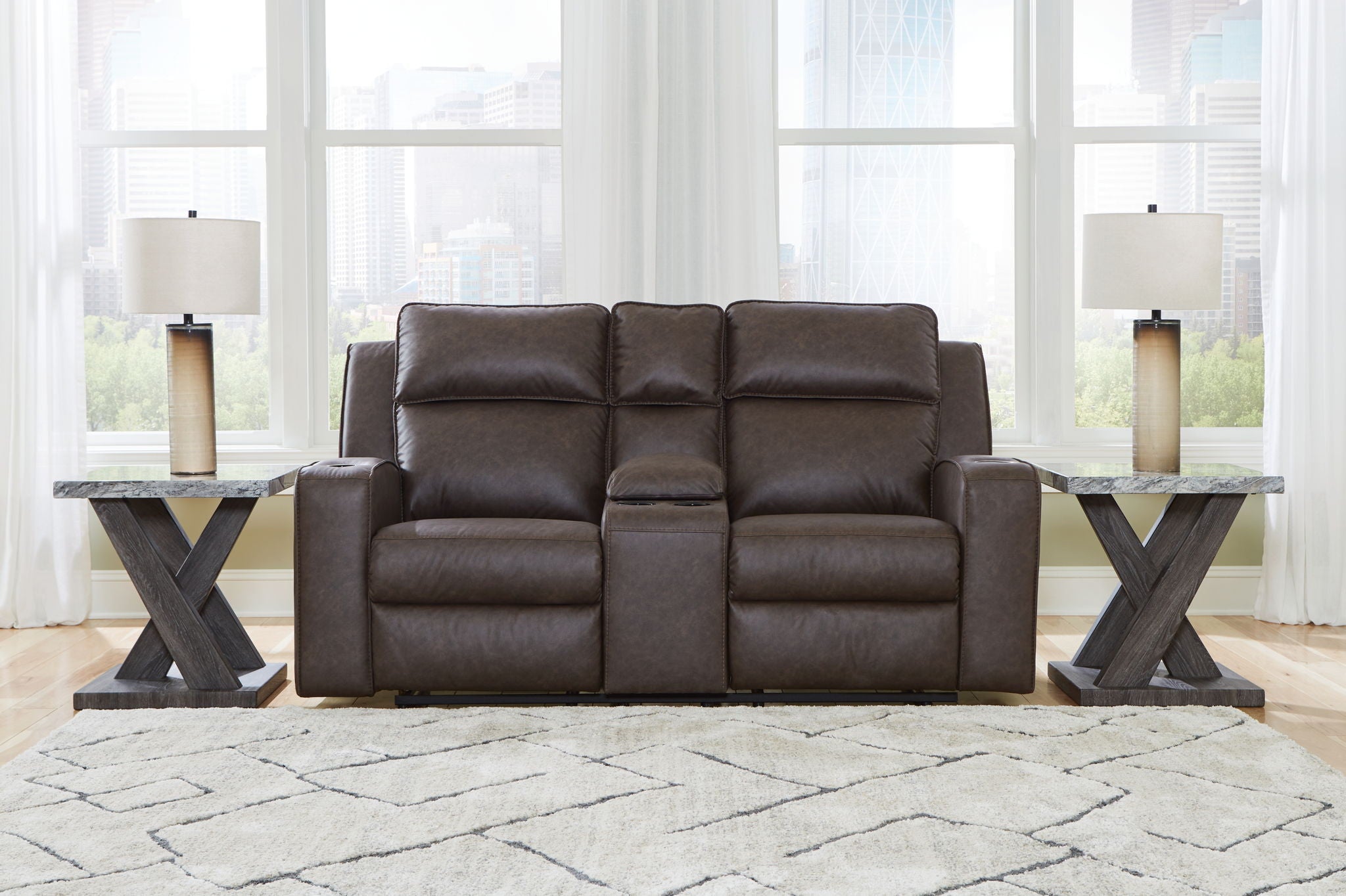 Causeuse inclinable double avec console Lavenhorne – Similicuir – Granite