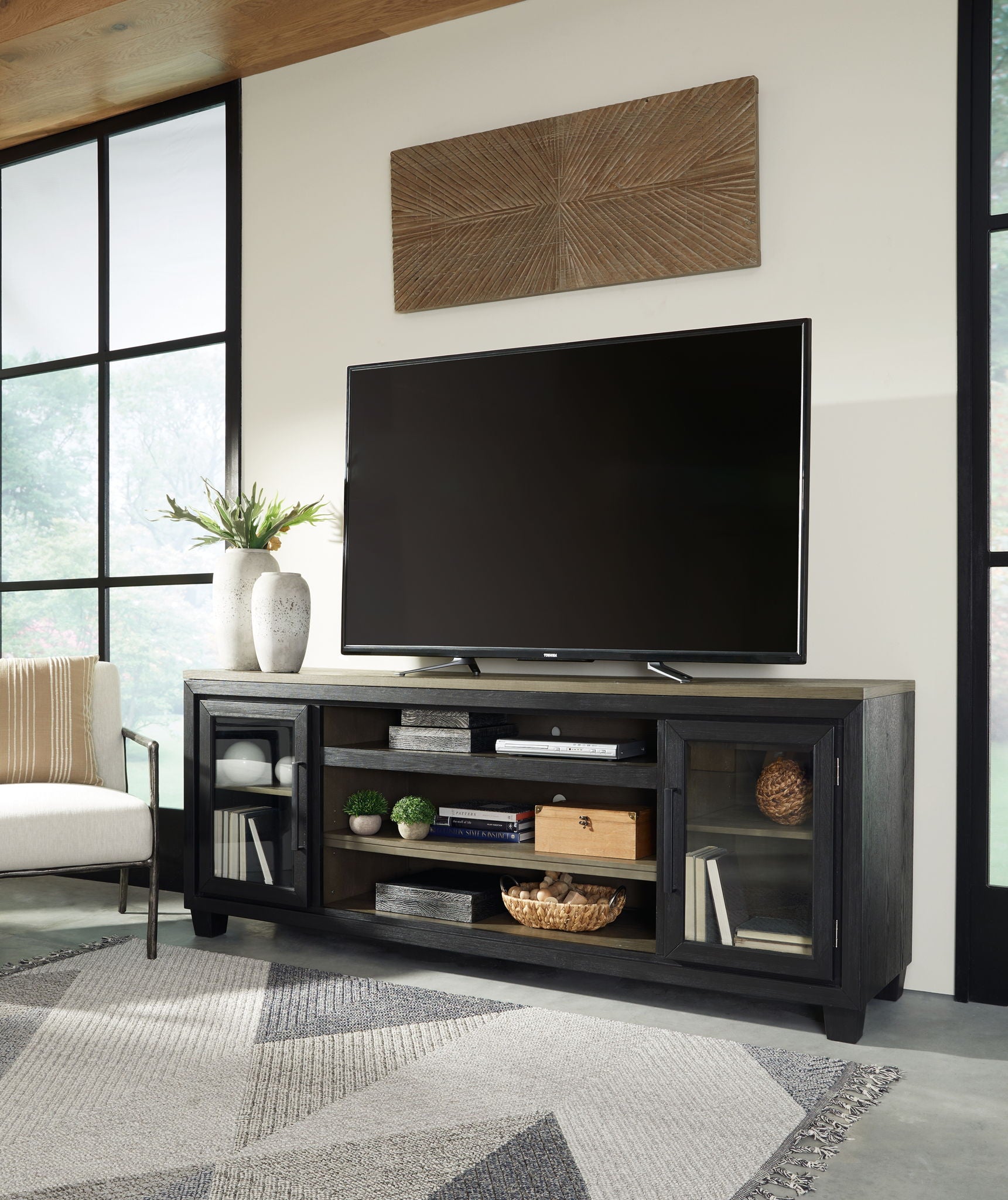 Meuble TV XL Foyland avec option cheminée - Noir/Brun