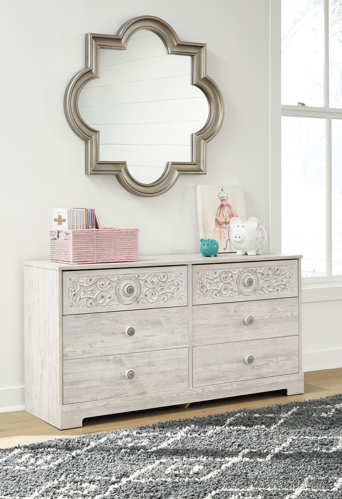 Commode à six tiroirs Paxberry - Effet bois vieilli - Blanc délavé