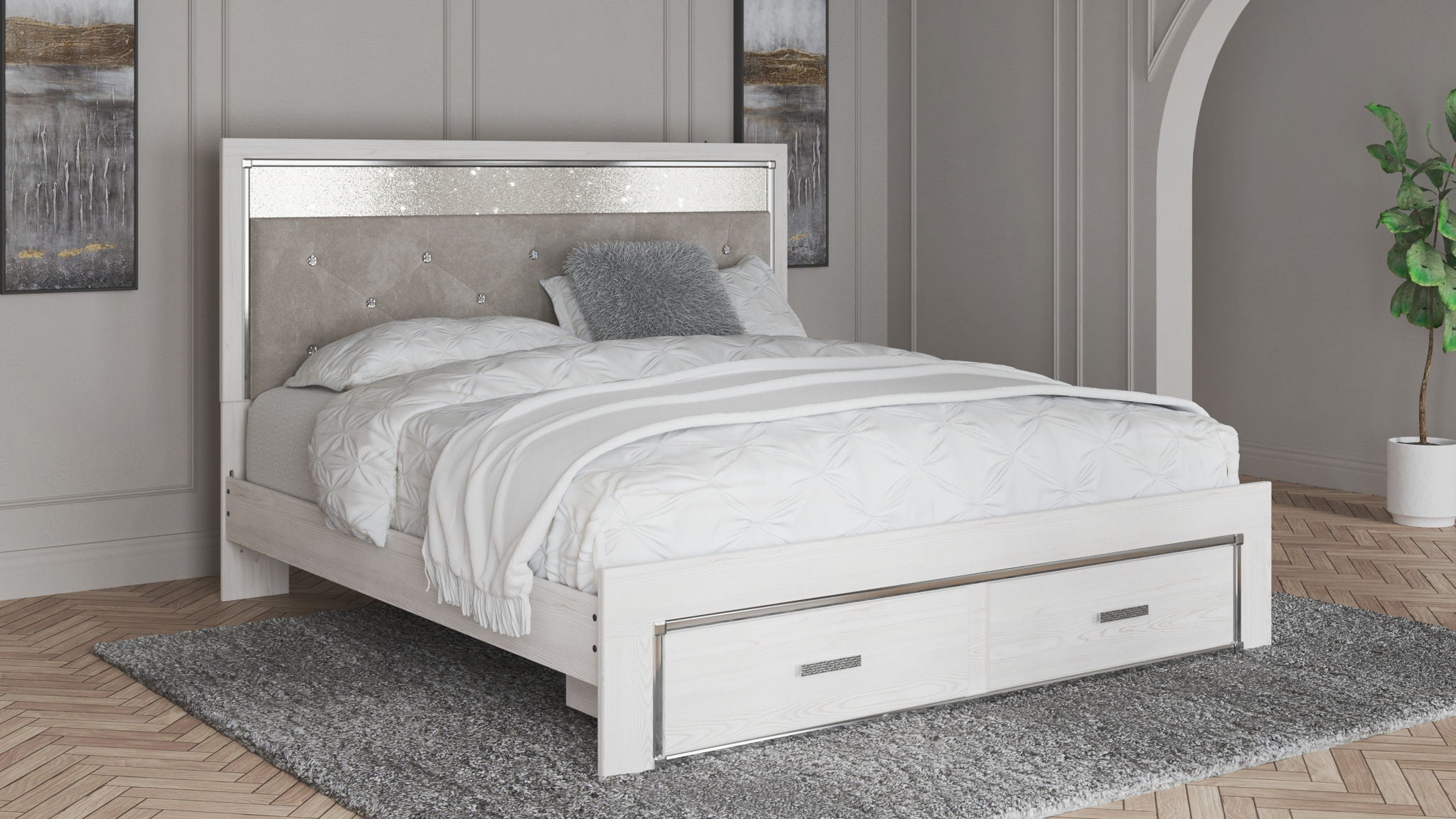 Altyra - Lit king-size capitonné avec rangement - Blanc