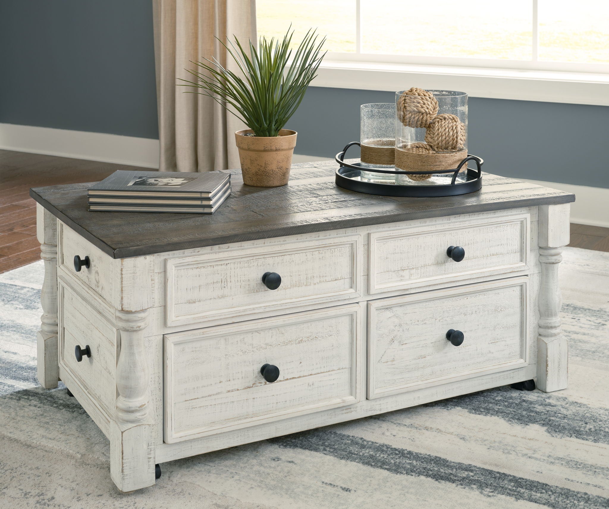 Havalance - Table basse relevable avec tiroirs de rangement - Blanc / Gris