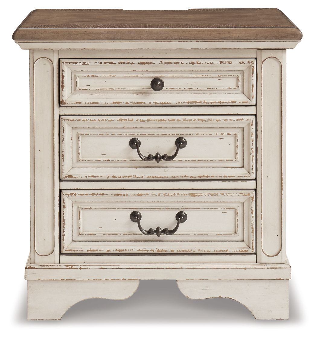Realyn - Table de chevet à trois tiroirs - Blanc / Marron / Beige