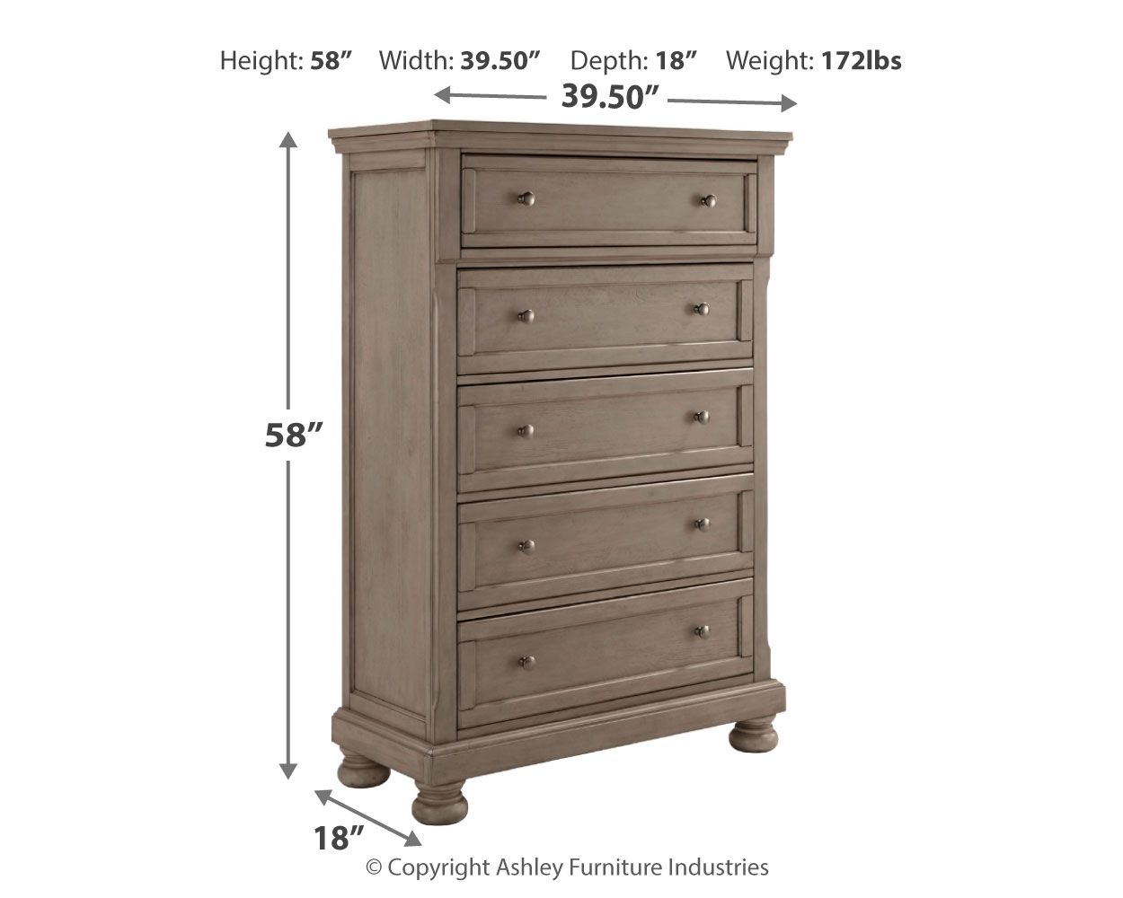 Lettner - Commode à cinq tiroirs - 2 poignées - Gris clair