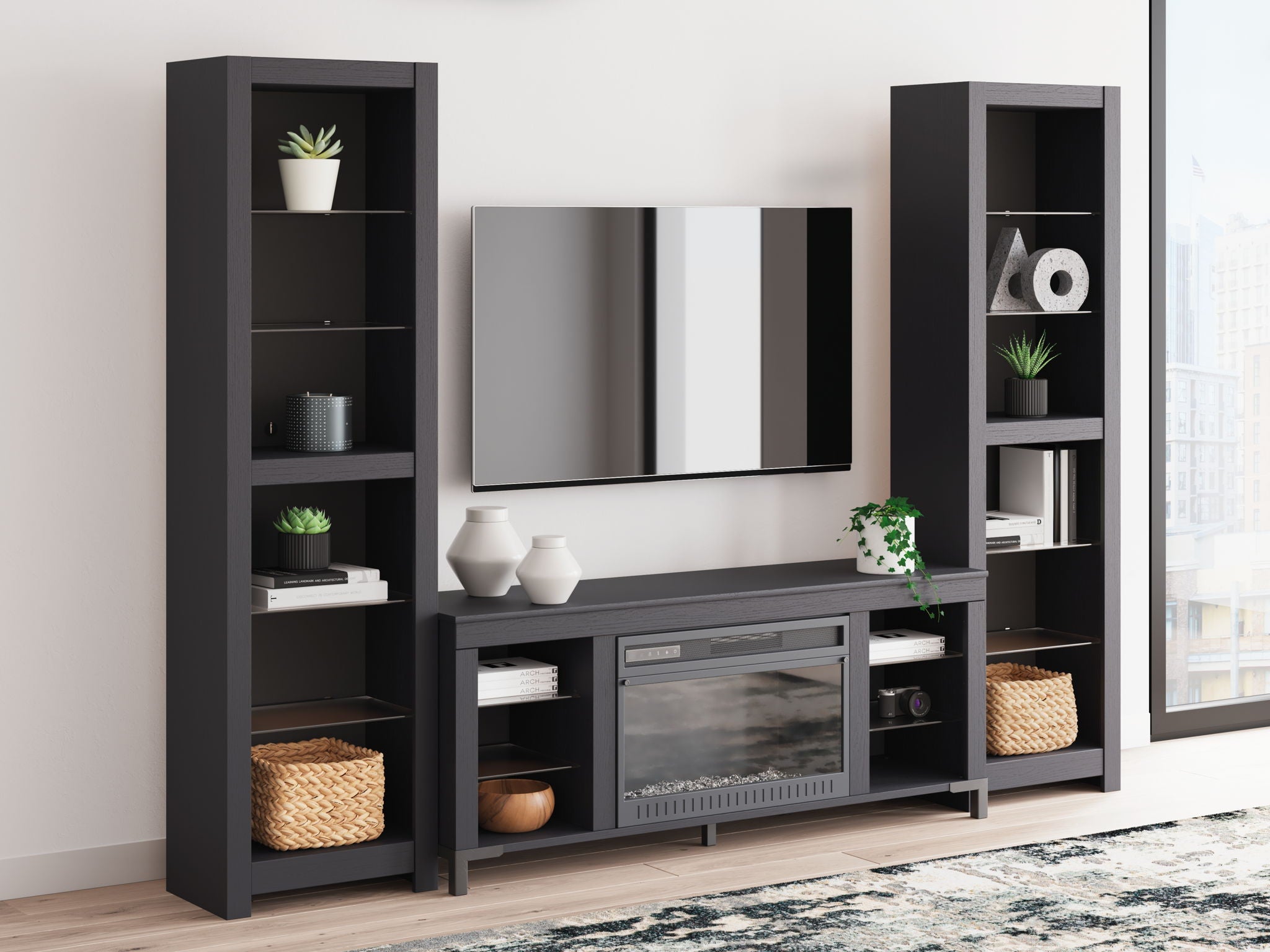Cayberry - Meuble TV 3 pièces avec foyer électrique - Noir