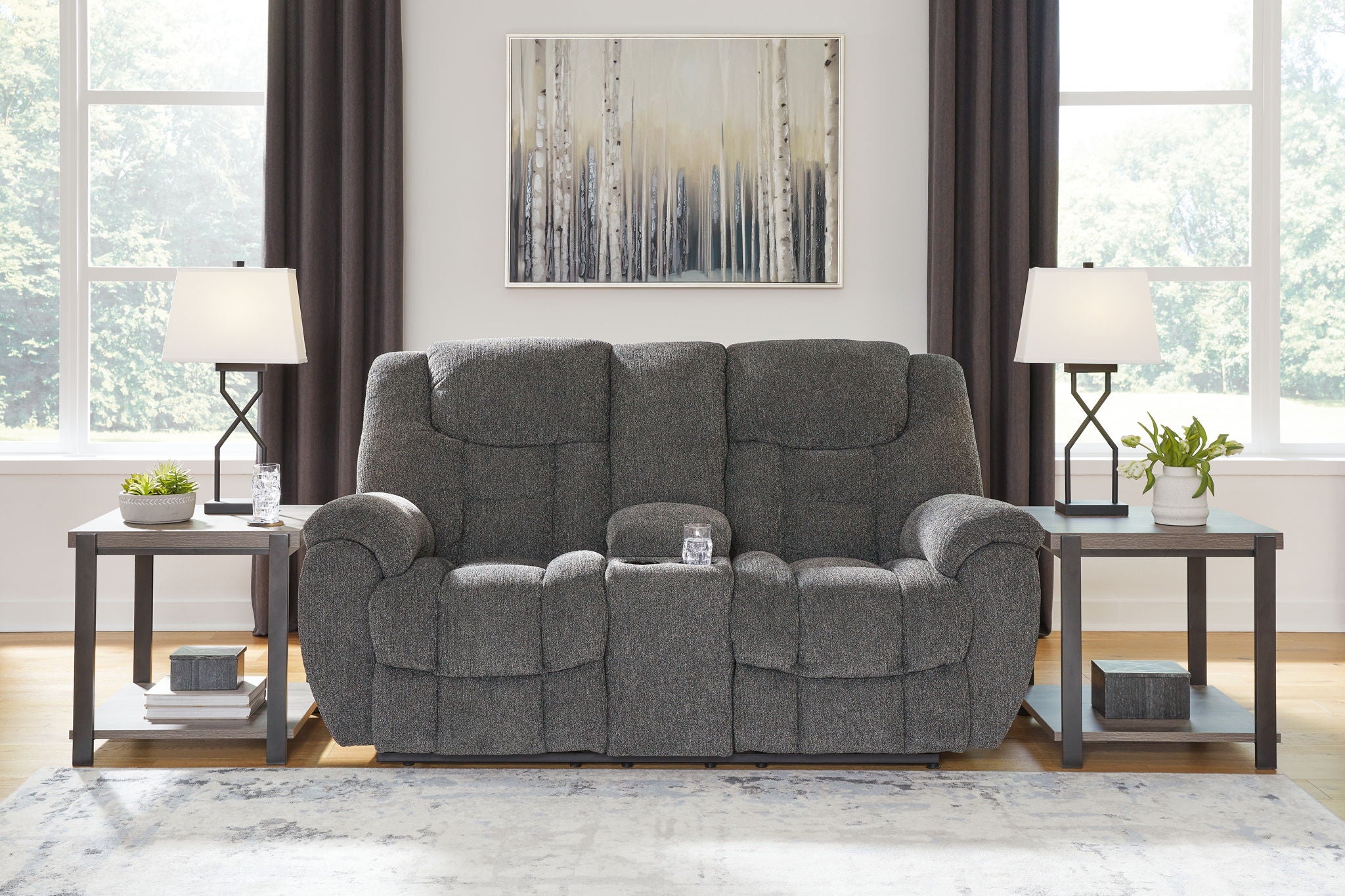 Foreside - Causeuse Inclinable Double Avec Console - Tissu - Anthracite