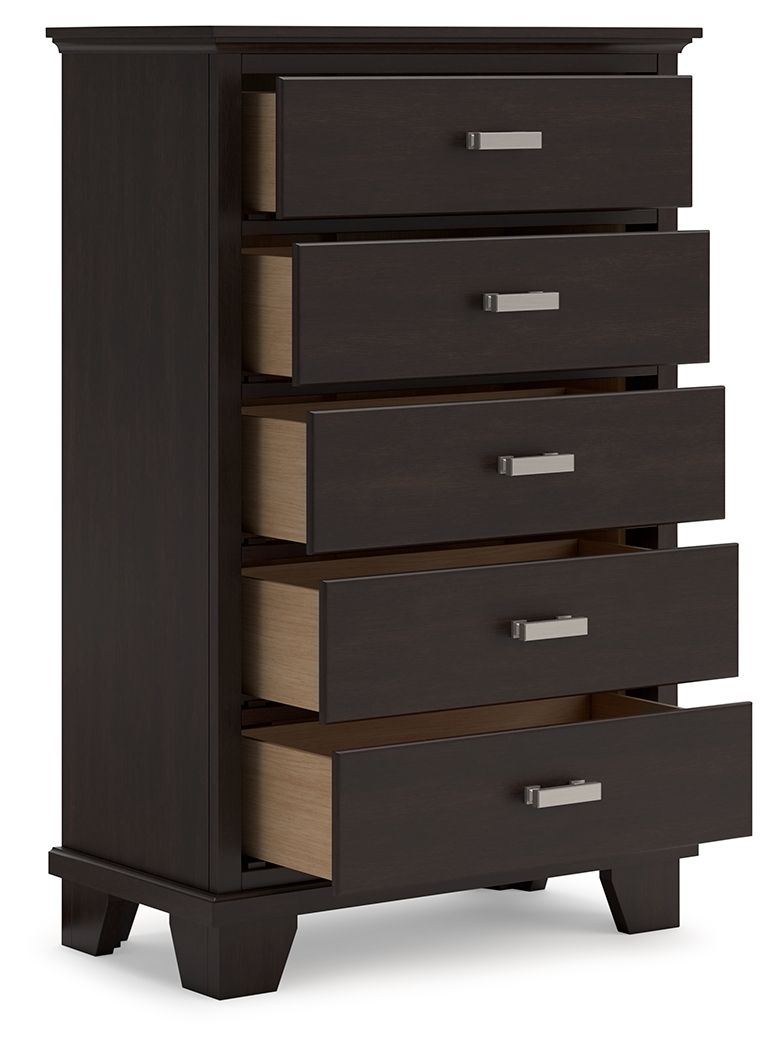 Commode Covetown à cinq tiroirs – Brun foncé
