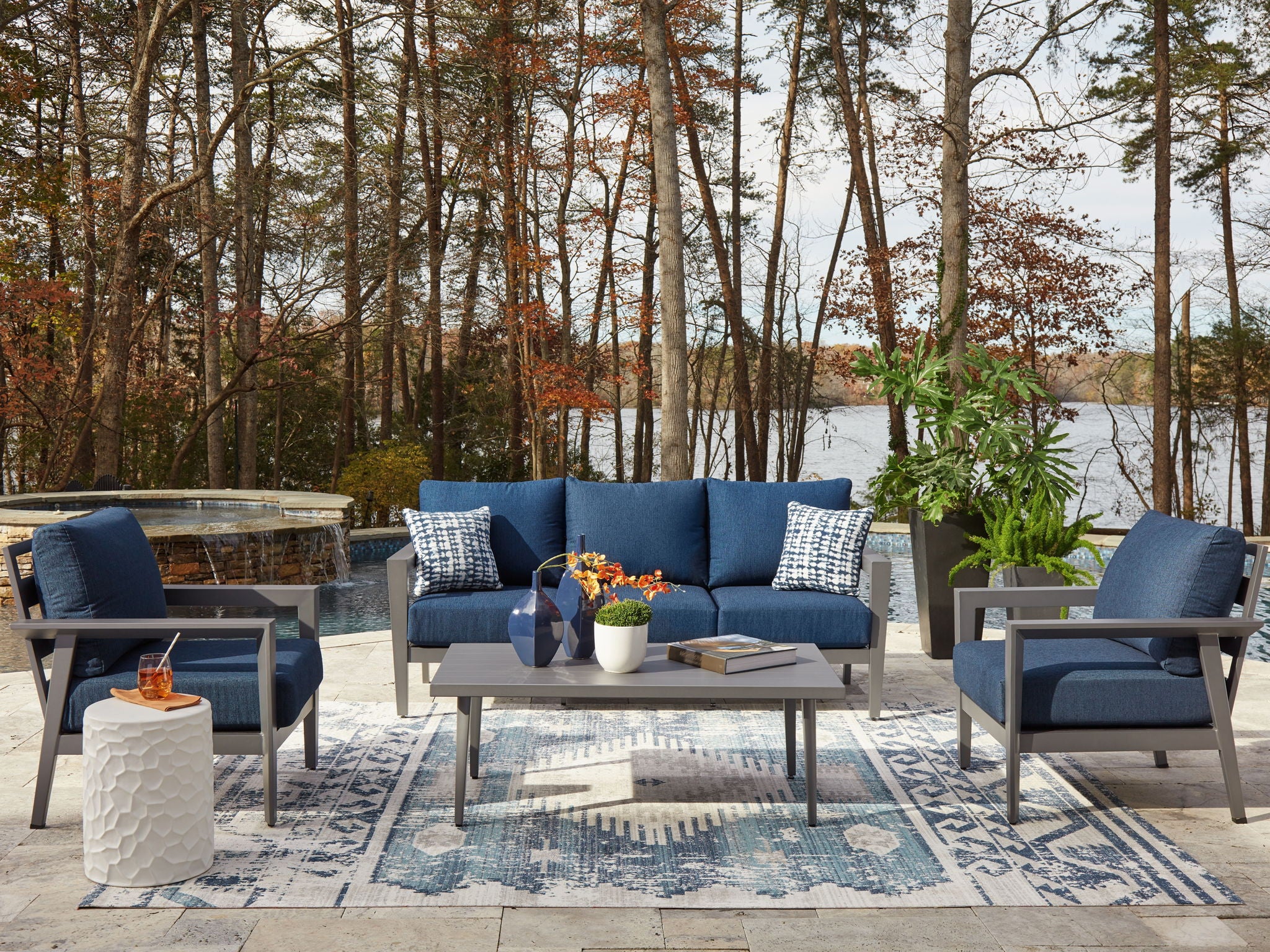 Gali - Ensemble canapé / chaises / table (lot de 4) - Gris / Bleu