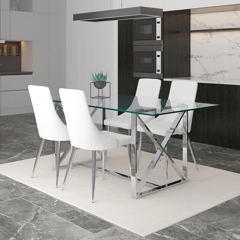 Lorenzo/Devo 5Pc Dining Set Chrome Table/White Chair